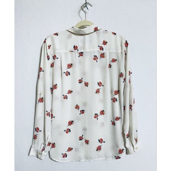 LOFT Womens Small White Button Up Top Roll Tab Long Sleeves Pink Floral Print - Picture 4 of 8